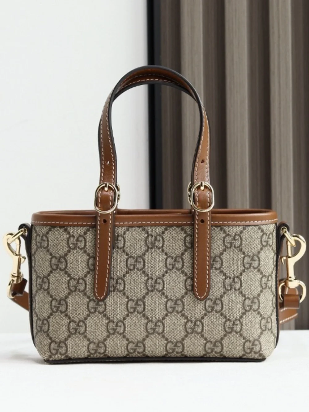 Gucci Beige GG Canvas Top-Handle Crossbody Bag with Brown Leather Trim